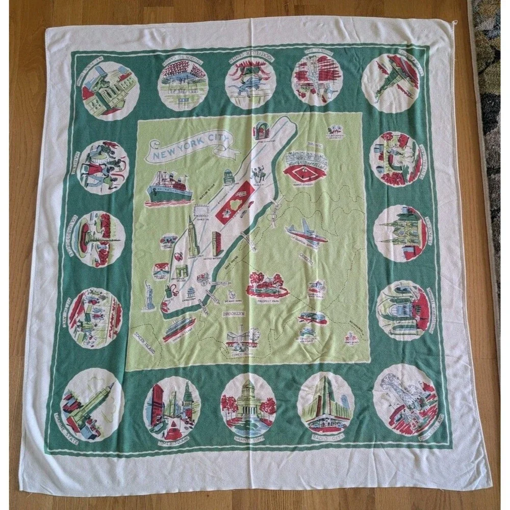 Vintage New York City Cotton Table Cloth 50/60s Souvenir Map Landmarks 44